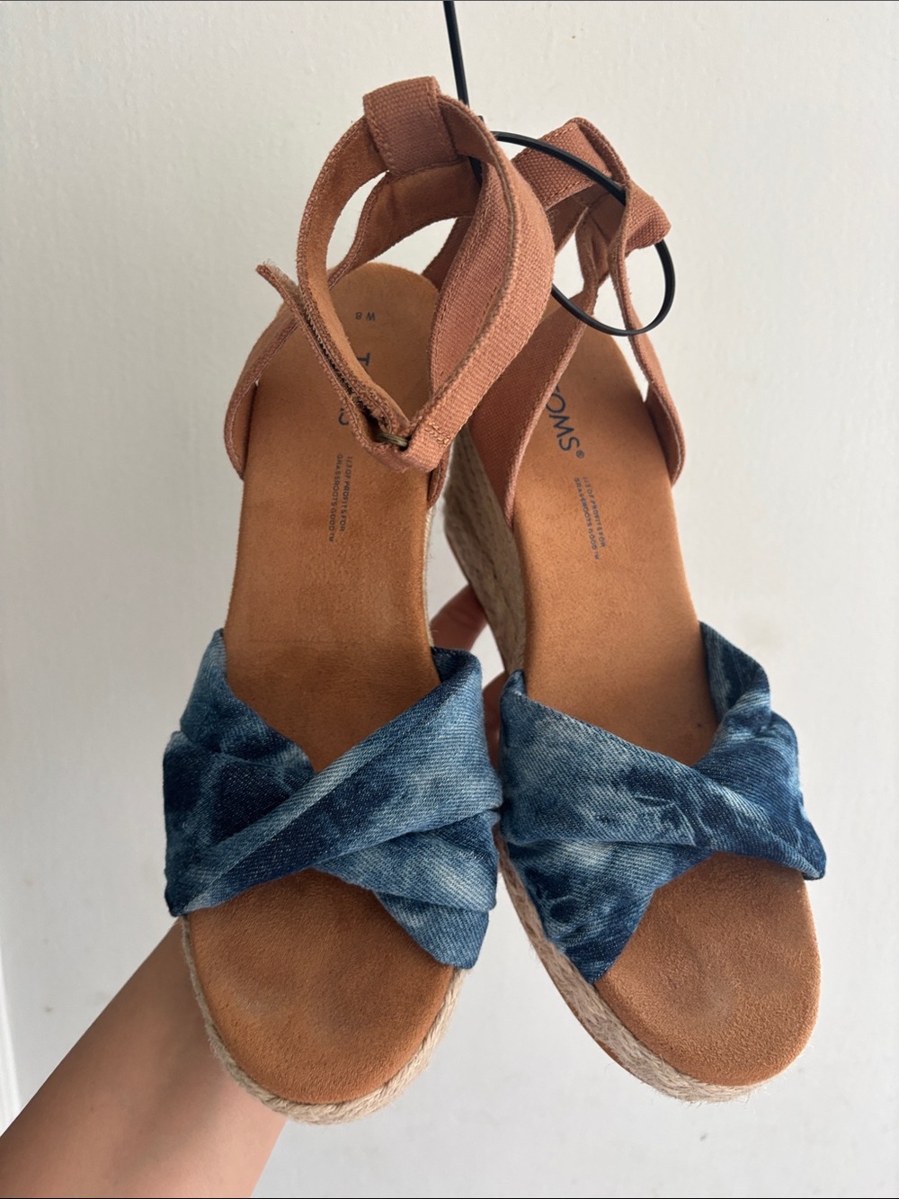Toms Denim Cross-Strap Wedges with Tan Ankle Wrap